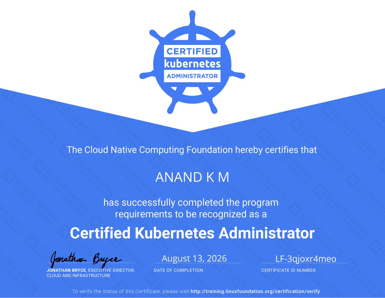Certified Kubernetes Administrator certificate awarded to Anand K M